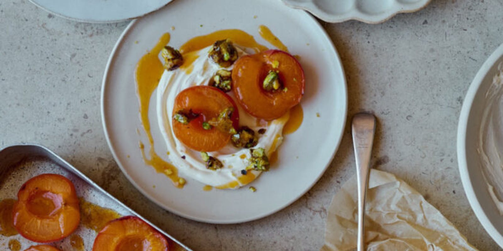 Roasted Apricots, Cardamom Cream and Pistachio Brittle