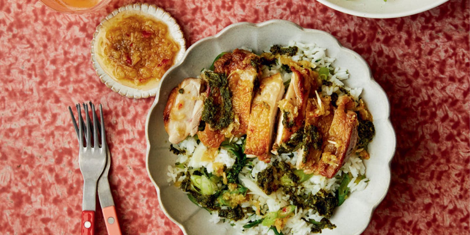 Triple Garlic Crispy Chicken with Green Rice and Sauce